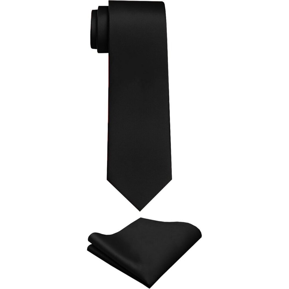 Men's Black Solid Color Imported Formal Neck Ties And Pocket Square Sets